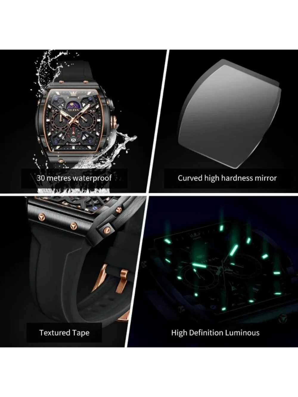 Mens All Black Chronograph Waterproof Rectangle Moon Phase Luminous Quartz Watch